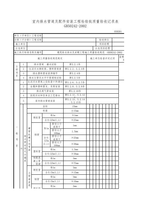 排水管道及配件安装检验批质量验收记录表