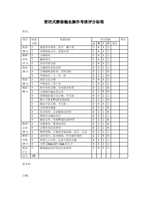 密闭式静脉输血操作考核评分标准