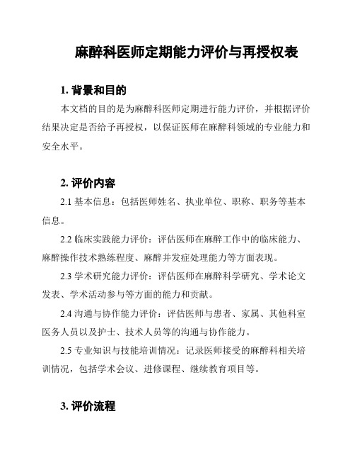 麻醉科医师定期能力评价与再授权表