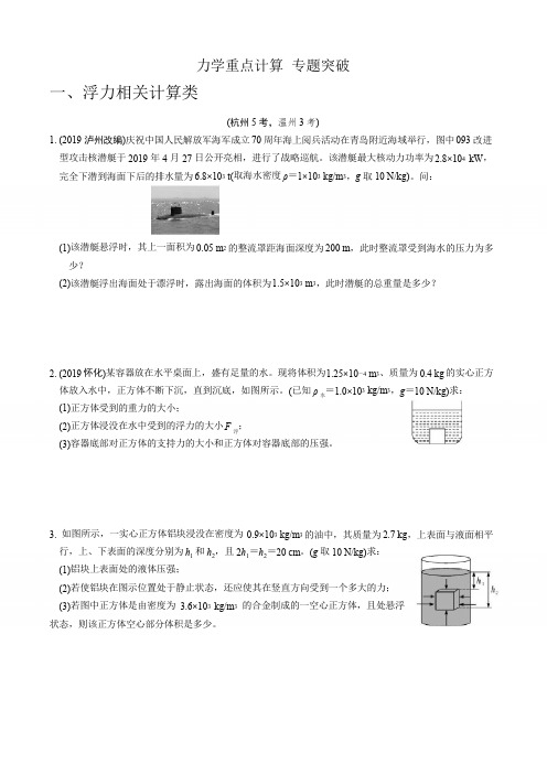 浙教版科学2020年中考二轮复习  经典(物理)力学计算 