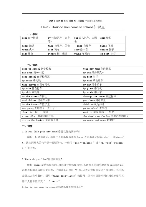 五下Unit 2 How do you come to school单元知识要点整理