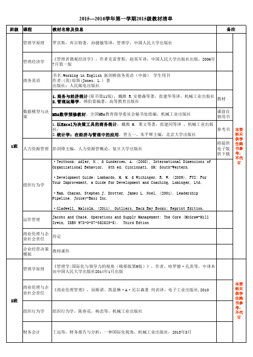 2015—2016学年第一学期2015级教材清单