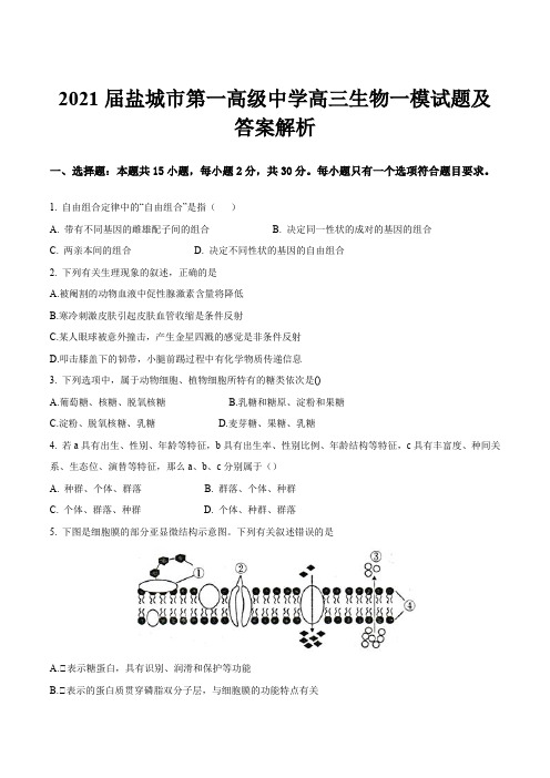 2021届盐城市第一高级中学高三生物一模试题及答案解析