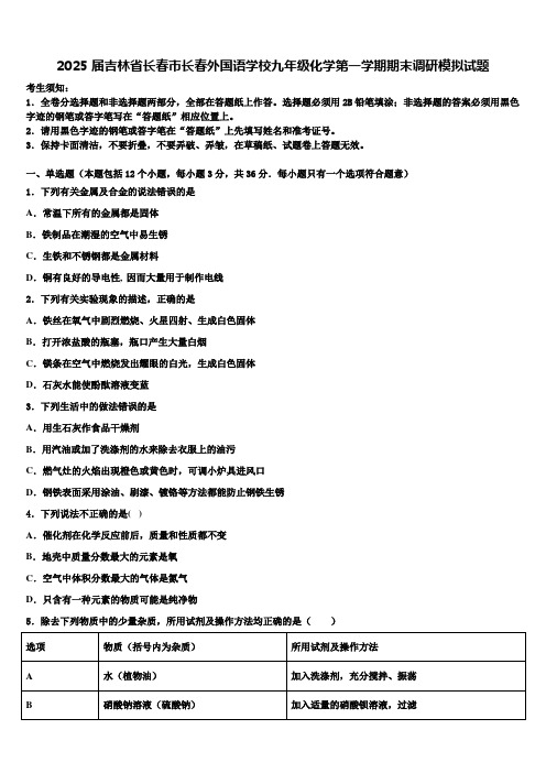 2025届吉林省长春市长春外国语学校九年级化学第一学期期末调研模拟试题含解析