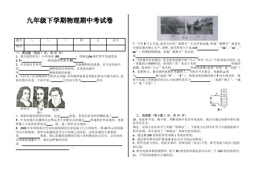 九年级下学期物理期中考试卷