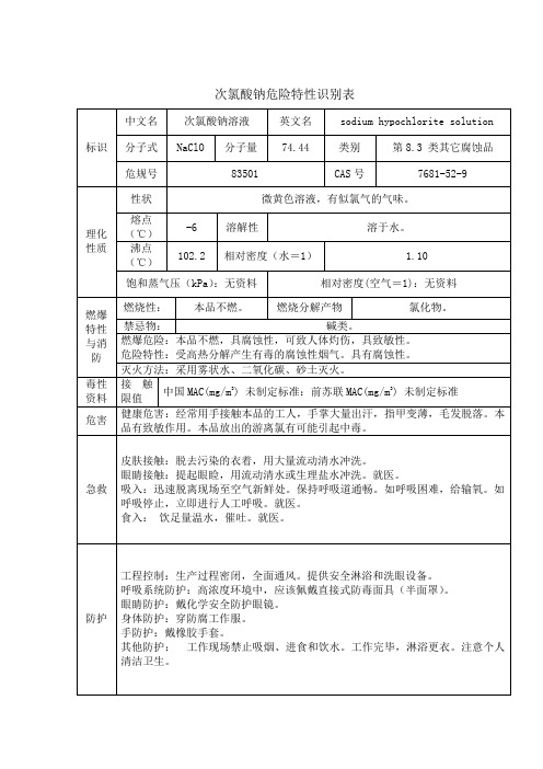 次氯酸钠危险特性识别表