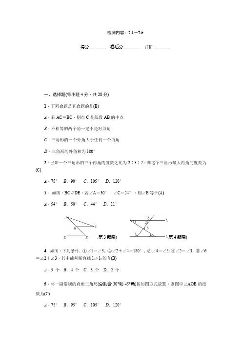 2019秋北师大版八年级数学上册周周清：7.1-7.5