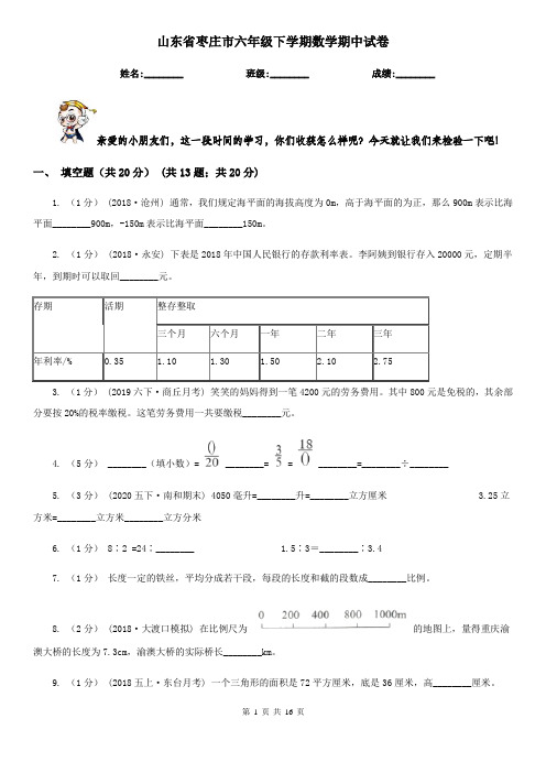 山东省枣庄市六年级下学期数学期中试卷