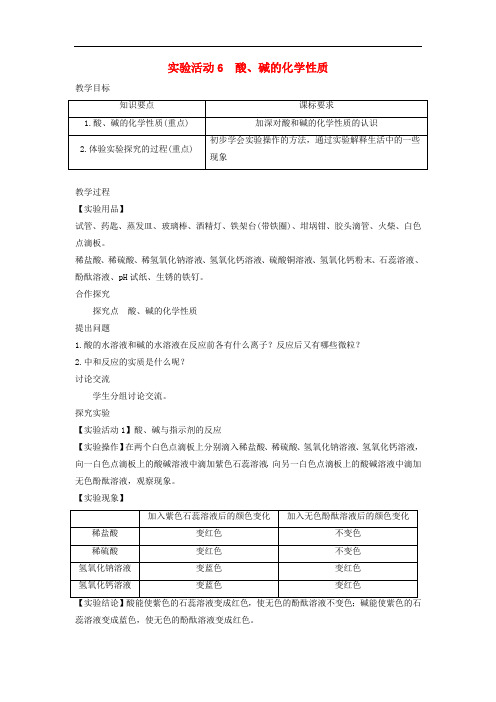 2019-2020学年九年级化学下册 第十单元 酸和碱 实验活动6 酸、碱的化学性质教案 (新版)新人教版