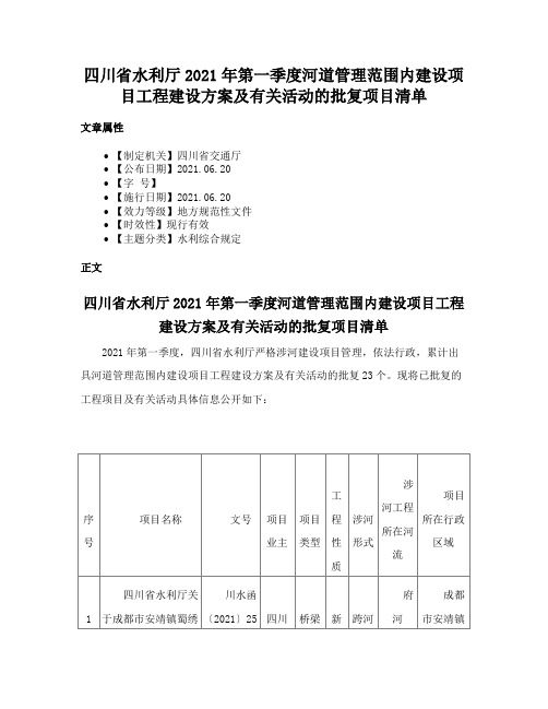 四川省水利厅2021年第一季度河道管理范围内建设项目工程建设方案及有关活动的批复项目清单