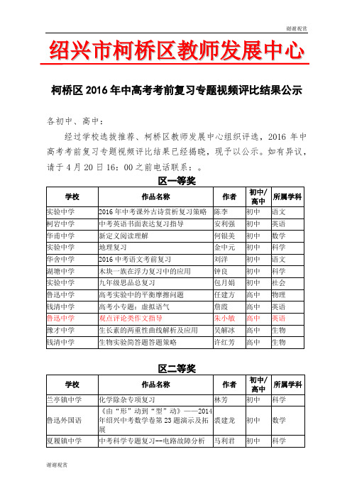 柯桥区2016年中高考考前复习专题视频评比结果公示.doc