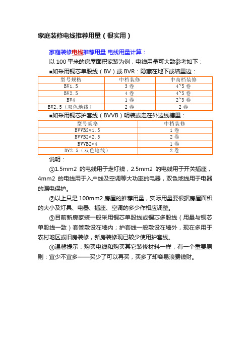 家庭装修电线推荐用量（很实用）