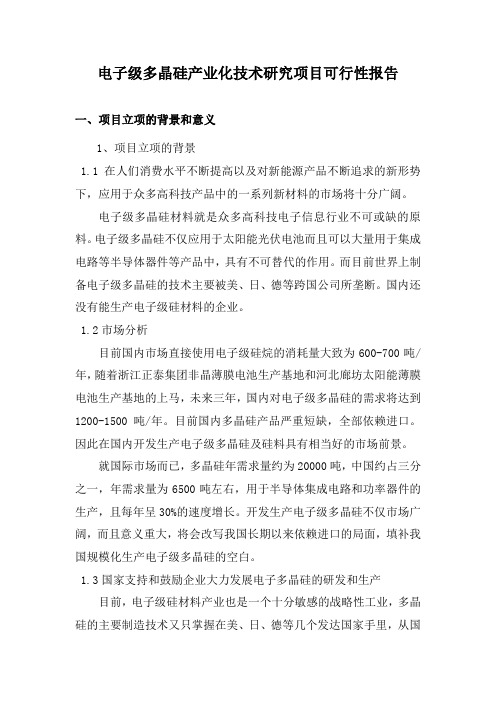 电子级多晶硅产业化技术研究项目可行性报告