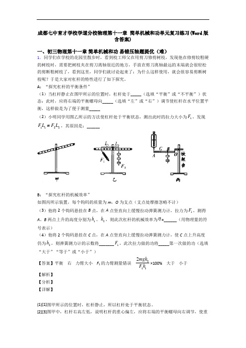 成都七中育才学校学道分校物理第十一章 简单机械和功单元复习练习(Word版 含答案)