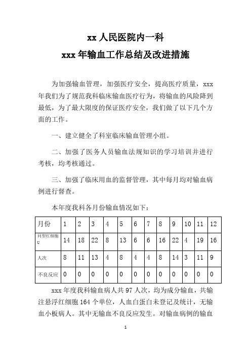 临床科室输血工作总结、分析及整改措施