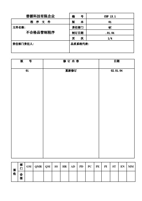 质量体系编写表格