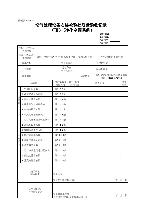 空气处理设备安装检验批质量验收记录(Ⅲ)(净化空调系统)