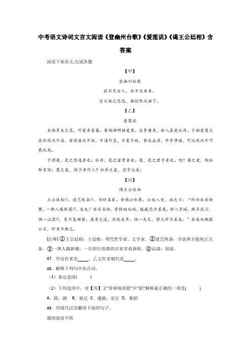 中考语文诗词文言文阅读《登幽州台歌》《爱莲说》《谒王公廷相》含答案