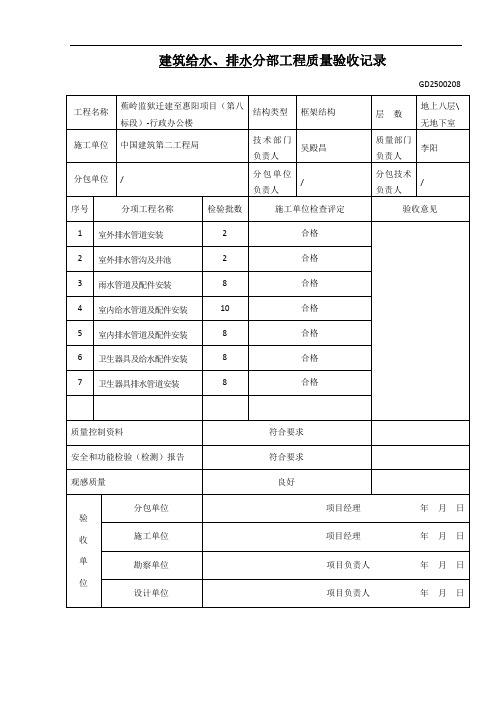 建筑给排水分部(子分部)工程质量验收记录