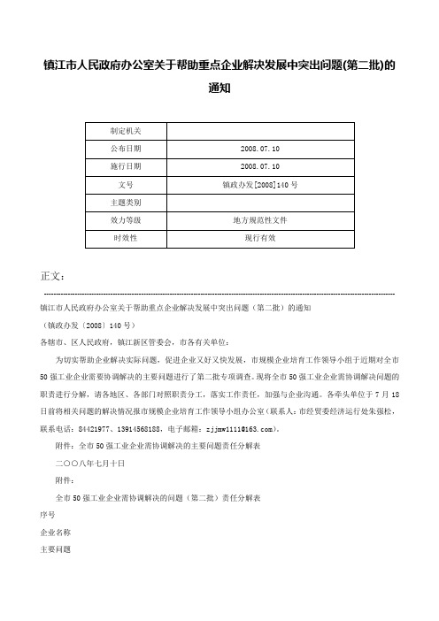 镇江市人民政府办公室关于帮助重点企业解决发展中突出问题(第二批)的通知-镇政办发[2008]140号