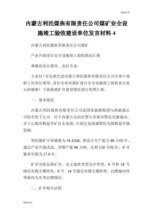 内蒙古利民煤焦有限责任公司煤矿安全设施竣工验收建设单位发言材料.doc