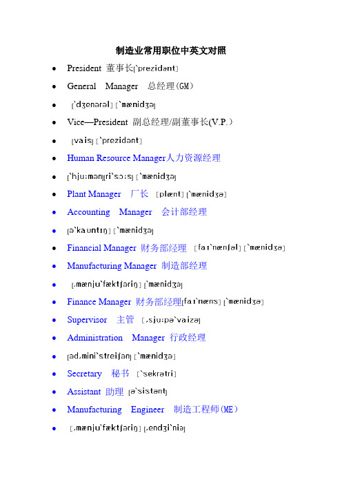 制造业常用职位中英文对照
