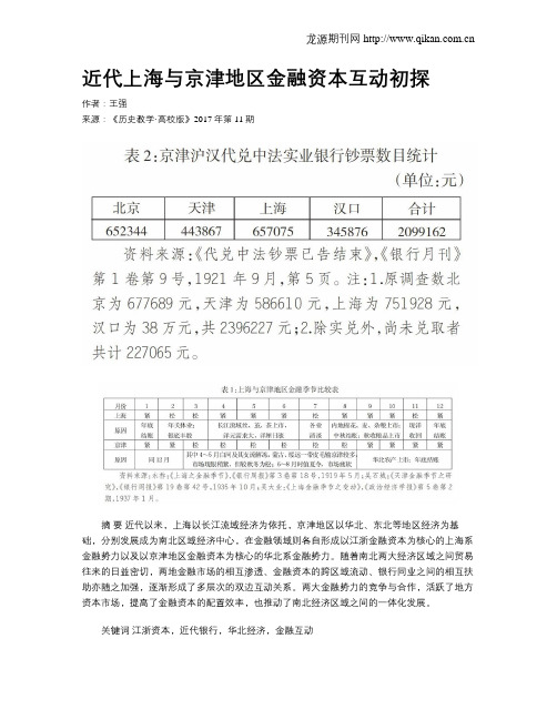 近代上海与京津地区金融资本互动初探