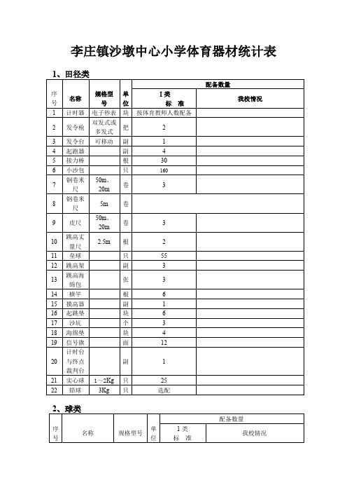 沙墩中心小学体育器材统计表