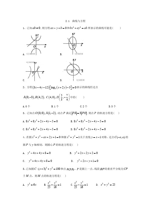 10学年高中数学人教A版选修2-1同步练习：2.1 曲线与方程  