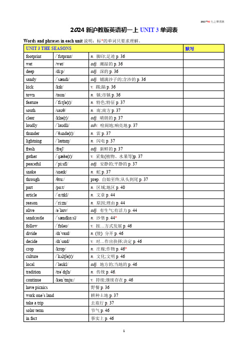 2024新沪教版英语初一上Unit 3 The seasons单词表