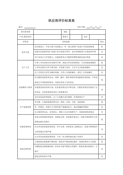 供应商评价标准表-模板