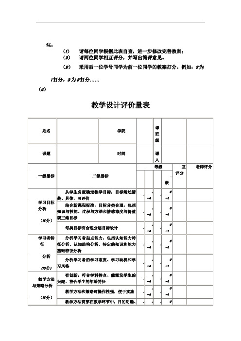 教学设计评价量表最新