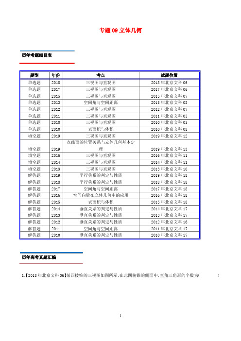 (北京卷)十年真题(2010_2019)高考数学真题分类汇编专题09立体几何文(含解析)