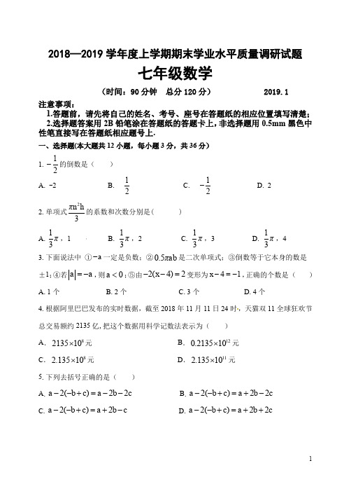 山东省临沂市罗庄区2018—2019学年度上学期期末学业水平质量调研试题七年级数学(含答案)