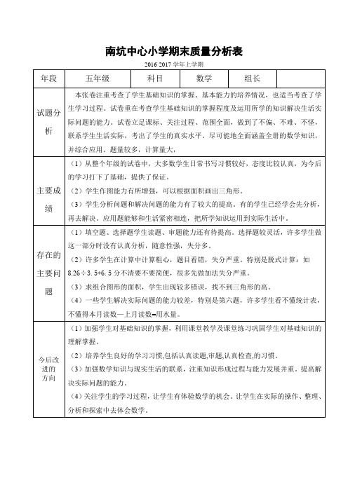 中心小学( 五年级数 学)期末质量分析表