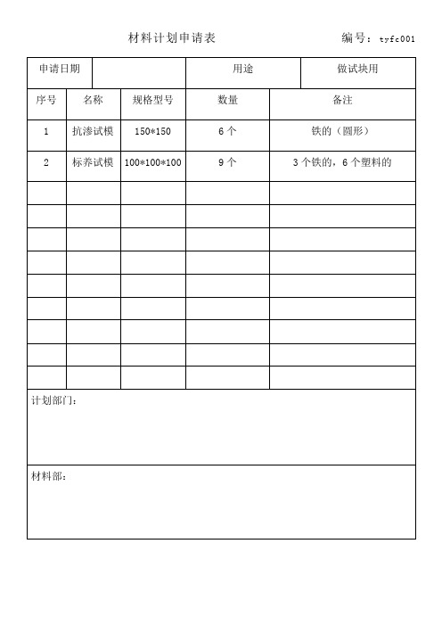 材料计划申请表辅材