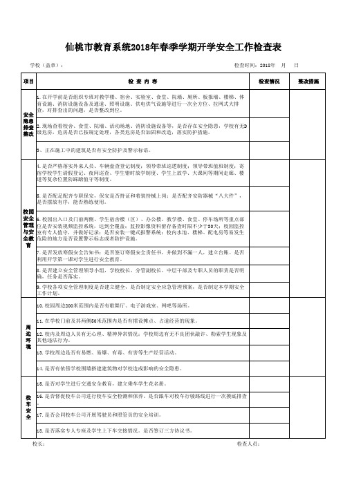 2018年春季学期开学安全工作检查表