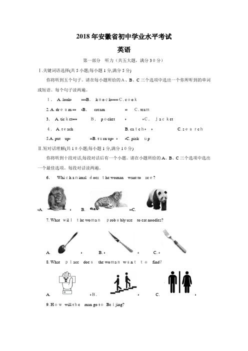 2018年安徽省中考英语试题及标准答案解析(Word版)