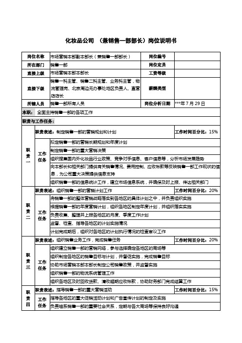 化妆品公司(兼销售一部部长)岗位说明书