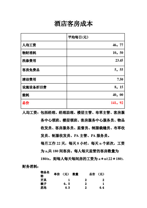 酒店客房成本计算