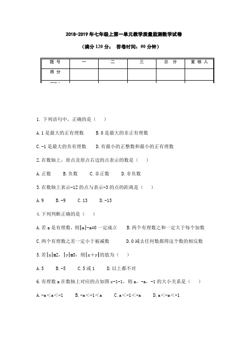 沪科版七年级上册 第一章  有理数 教学质量监测数学试卷