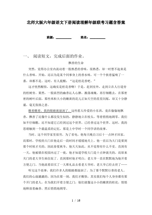 北师大版六年级语文下册阅读理解年级联考习题含答案