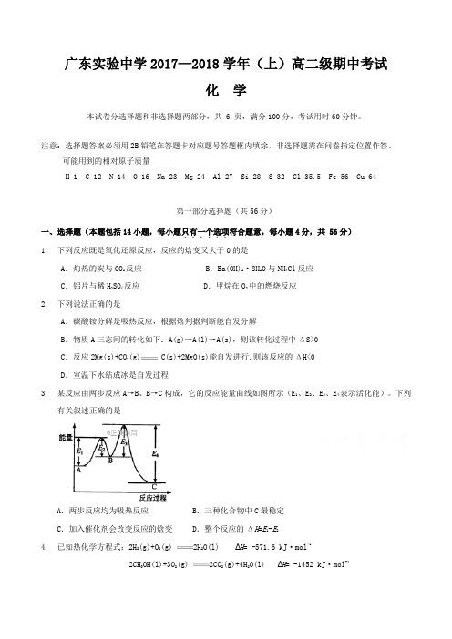 广东省实验中学高二上学期期中考试化学试卷及参考答案