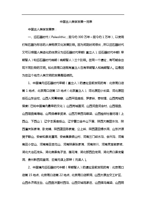 中国古人类学发展一览表