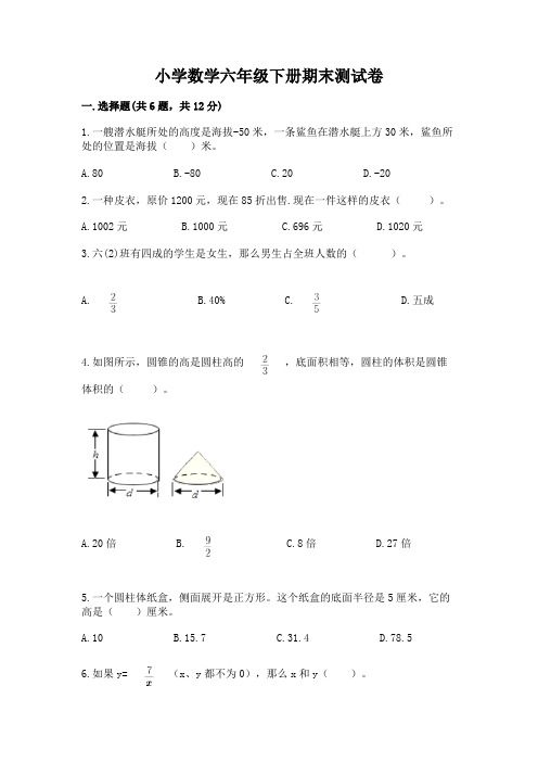 小学数学六年级下册期末测试卷附完整答案(历年真题)