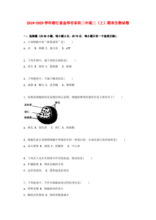 浙江省金华市2019-2020学年高二生物上学期期末试卷(含解析)