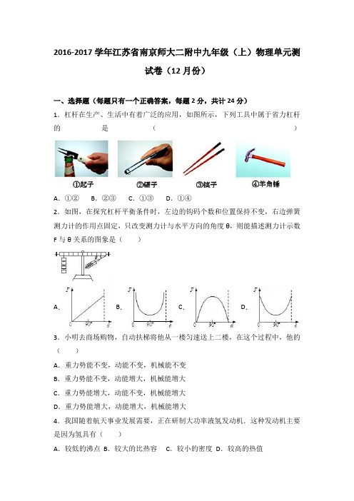 江苏省南京师大二附中2017届九年级(上)物理单元测试卷(12月份)(解析版)