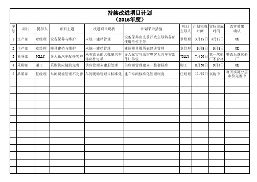 持续改进计划表(2016年度)