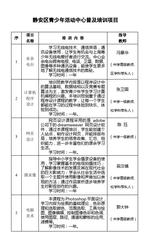 静安区青少年活动中心公益性培训班