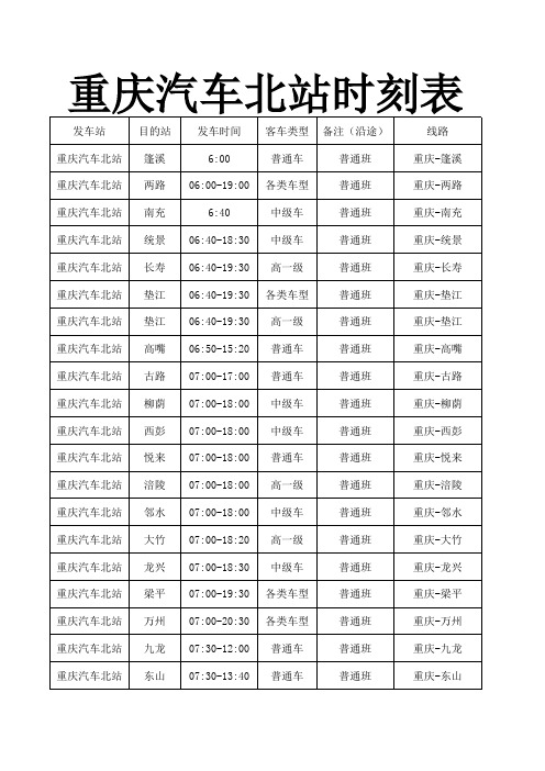 重庆汽车北站时刻表